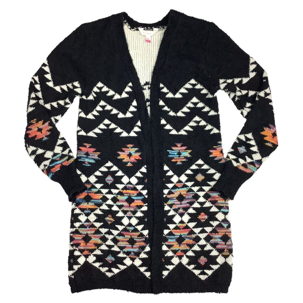 Long Aztec Western Open Front Cardigan Sweater Girls Jr M Women XS S Black Knit - Picture 7 of 15